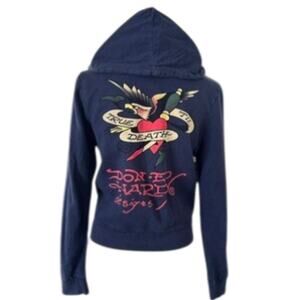 Ed Hardy by Christian Audigier Vintage Navy Zip Hoodie Tattoo Graphic XS/S
